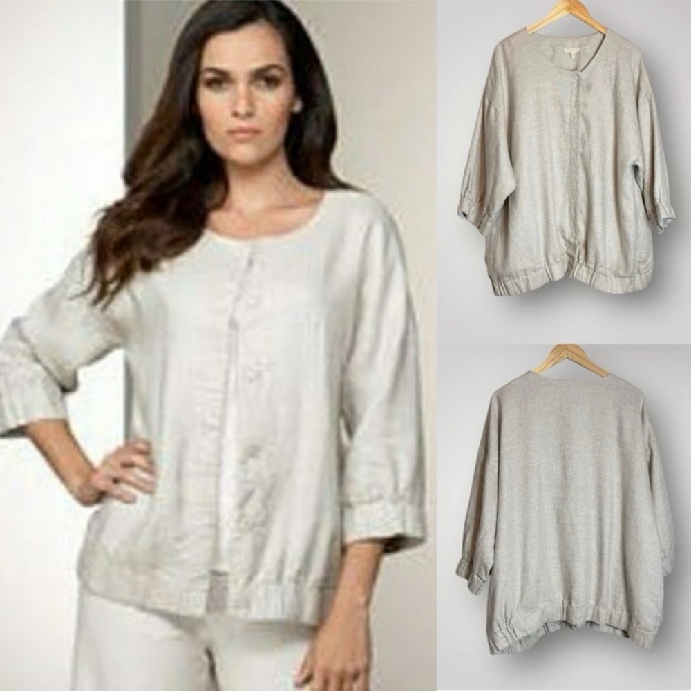 Eileen Fisher Natural Twinkle Woven Linen Jacket Size 3X Round Neck 3/4 Sleeve